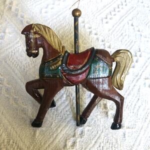 Vintage Hand Carved Painted Wood Carousel Horse Ornament 5" Red Green Gold